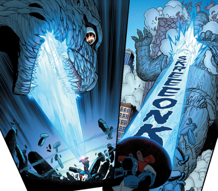 The giant lizard shoots a blue ray from its mouth, but bounces off of Captain America's shield.